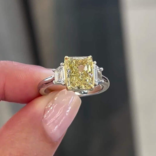 Fancy yellow 3.50 TCW radiant lab grown diamond engagement ring, IGI certified, three stone ring design, luxury bridal wedding jewelry ring
