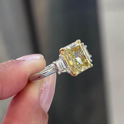Fancy yellow 3.50 TCW radiant lab grown diamond engagement ring, IGI certified, three stone ring design, luxury bridal wedding diamond jewelry