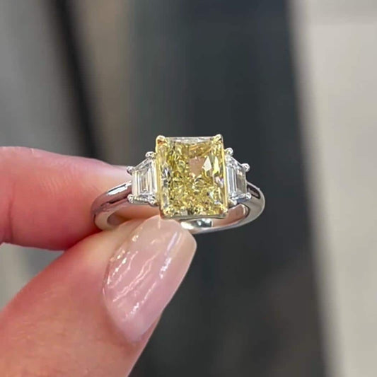 3.50 TCW Fancy Yellow Radiant Lab Grown Diamond Engagement Ring | Three Stone Ring | IGI Certified 