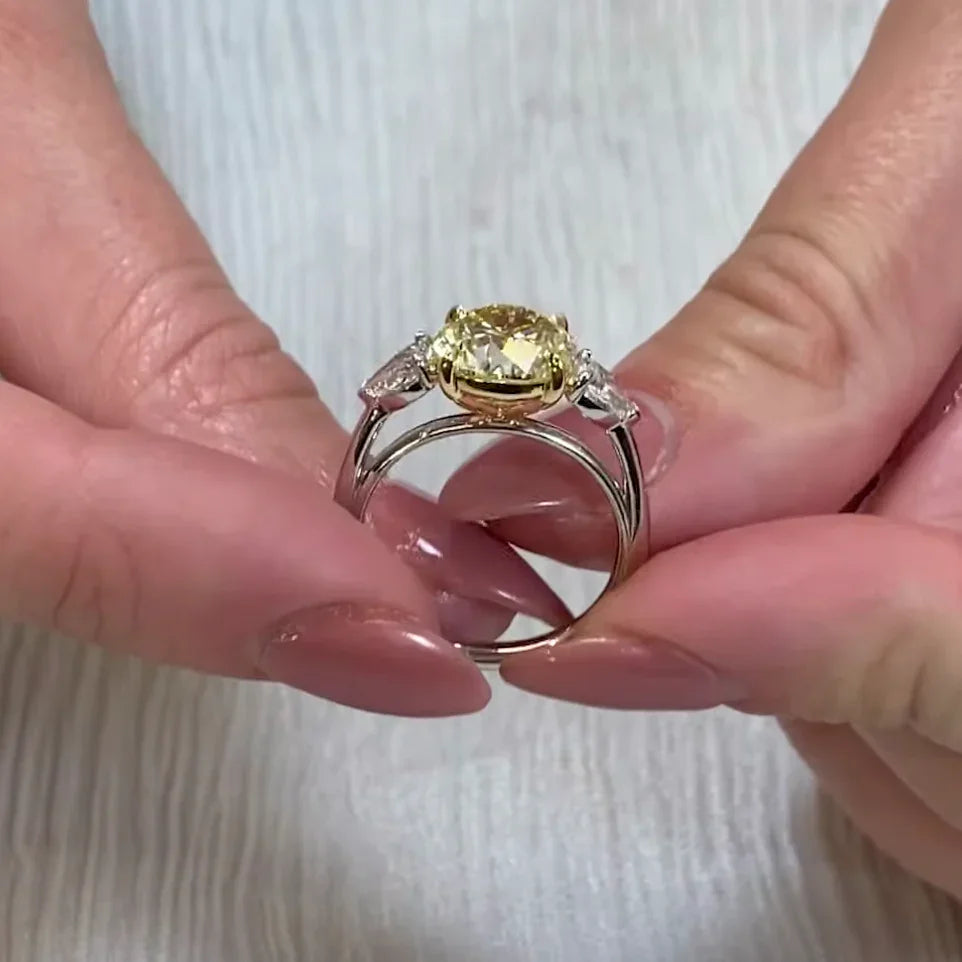 Luxury 3.50 TCW fancy yellow round lab grown diamond engagement ring, IGI certified, three stone setting, bridal wedding jewelry statement ring