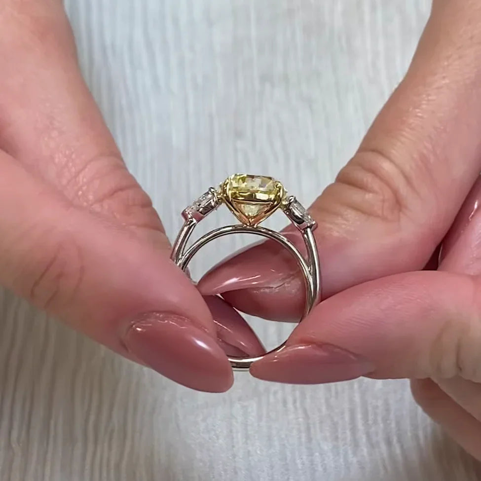 3.50 TCW fancy yellow round lab grown diamond engagement ring with three stone design, IGI certified luxury bridal wedding diamond ring jewelry