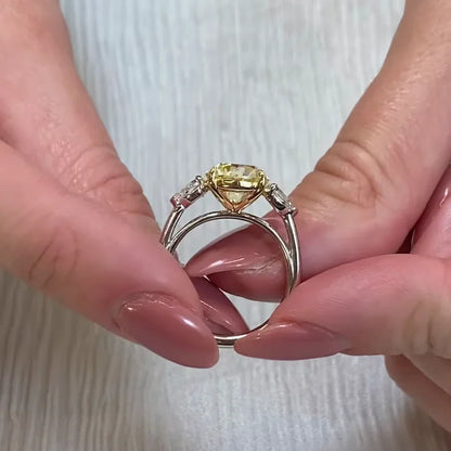3.50 TCW fancy yellow round lab grown diamond engagement ring with three stone design, IGI certified luxury bridal wedding diamond ring jewelry