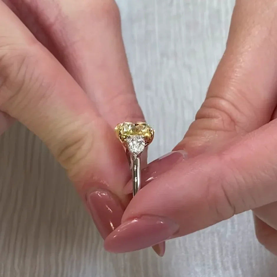 3.50 TCW Fancy Yellow Round Lab Grown Diamond Engagement Ring | Three Stone Ring | IGI Certified 
