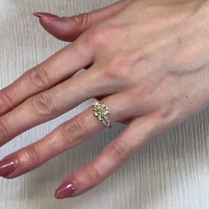 3.50 TCW Fancy Yellow Round Lab Grown Diamond Engagement Ring | Three Stone Ring | IGI Certified 