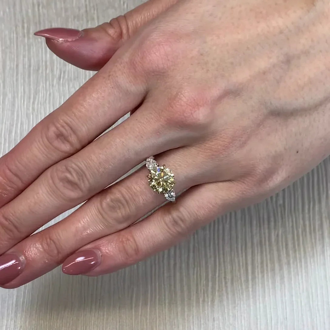 3.50 TCW Fancy Yellow Round Lab Grown Diamond Engagement Ring | Three Stone Ring | IGI Certified 