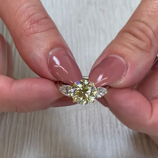 3.50 TCW fancy yellow round lab grown diamond engagement ring, three stone design, IGI certified, luxury bridal wedding diamond jewelry ring