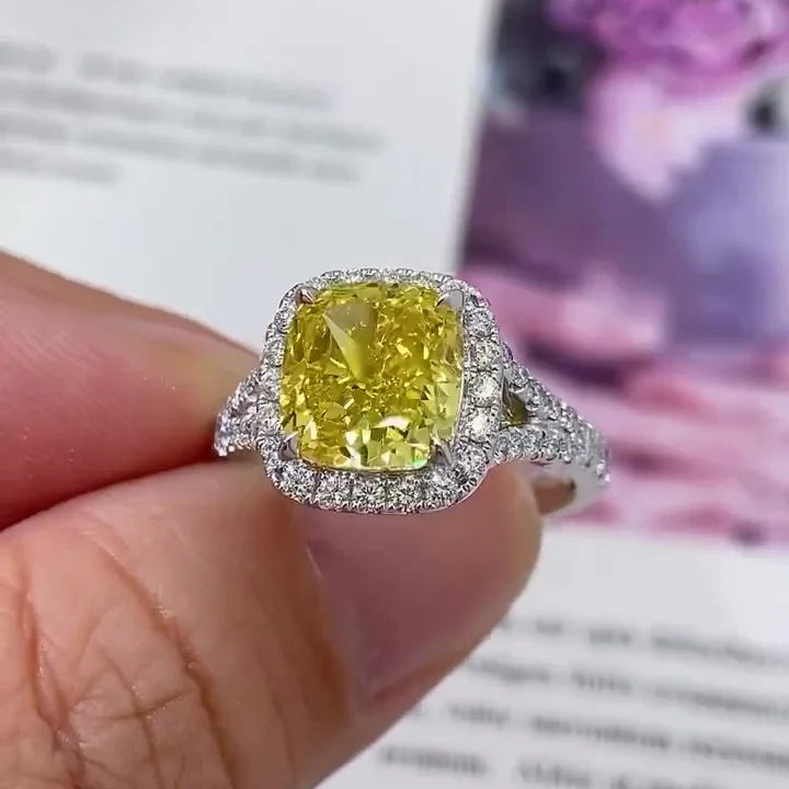3.50 TCW fancy yellow square cushion lab grown diamond engagement ring with split shank halo design, IGI certified luxury bridal wedding ring