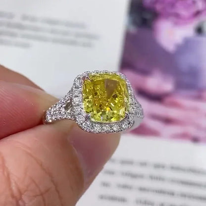 Fancy yellow 3.50 TCW square cushion lab grown diamond engagement ring, IGI certified, split shank halo design, luxury bridal wedding jewelry ring