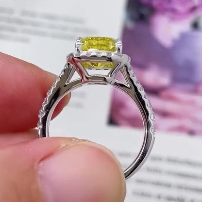 3.50 TCW Fancy Yellow Square Cushion Lab Grown Diamond Engagement Ring | Split Shank Halo Ring | IGI Certified 