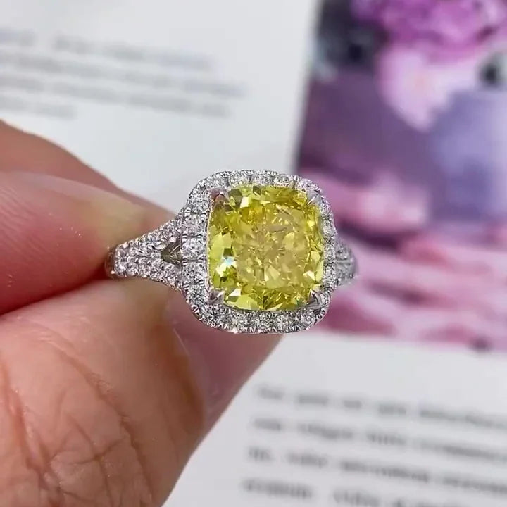 3.50 TCW Fancy Yellow Square Cushion Lab Grown Diamond Engagement Ring | Split Shank Halo Ring | IGI Certified 