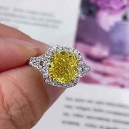3.50 TCW fancy yellow square cushion lab grown diamond engagement ring, split shank halo design, IGI certified, luxury bridal wedding jewelry ring