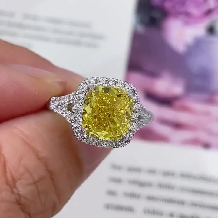 3.00 CT Fancy Yellow Square Cushion Lab Grown Diamond Engagement Ring | Split Shank Halo Ring | IGI Certified