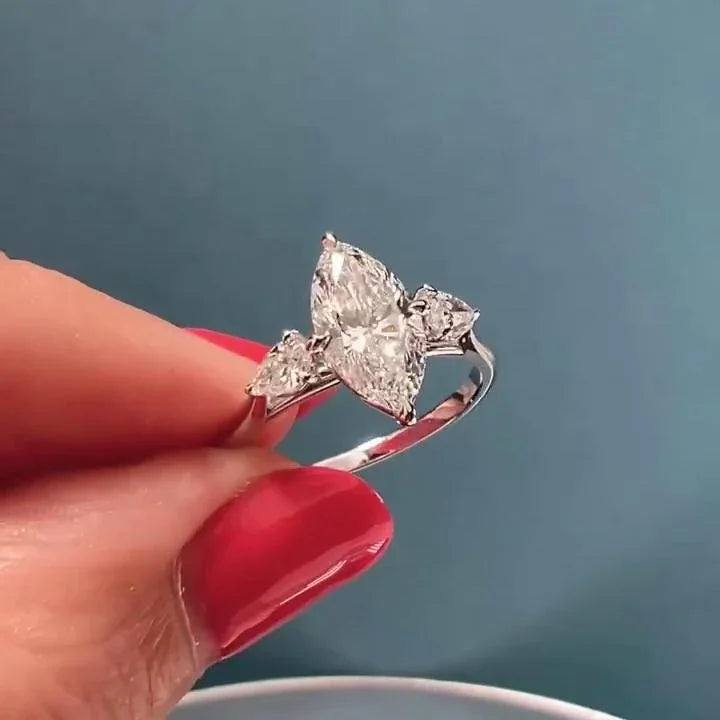 Elegant 3.00 CT marquise lab grown diamond engagement ring, IGI certified, three stone design, bridal wedding luxury diamond jewelry ring