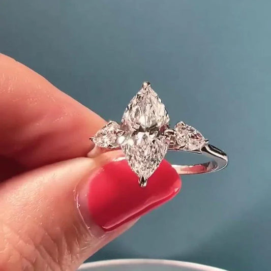 3.50 TCW marquise lab grown diamond engagement ring, three stone design, IGI certified, luxury bridal wedding diamond jewelry statement ring
