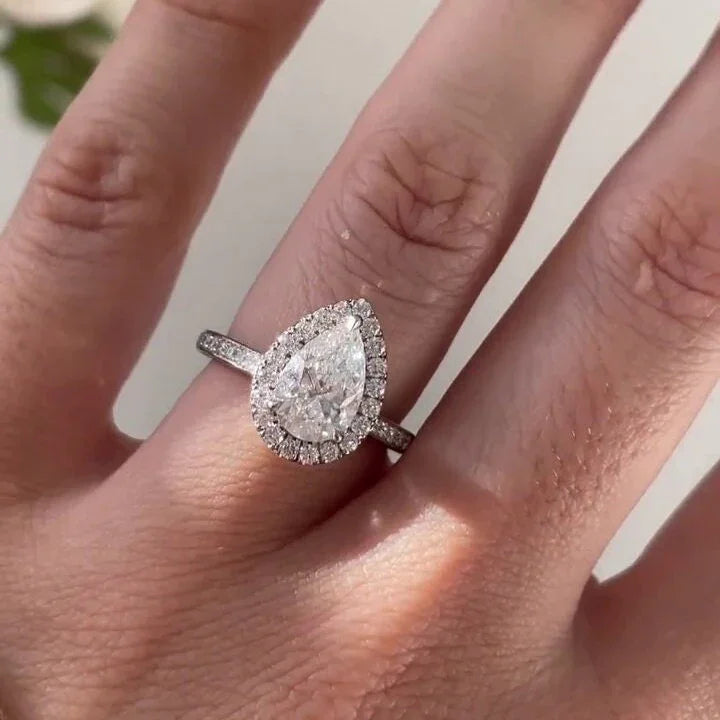 IGI certified 3.00 CT pear lab grown diamond engagement ring halo pavé bridal wedding ring split shank luxury solitaire jewelry for women ring