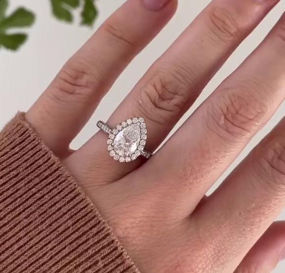 3.50 TCW Pear Lab Grown Diamond Engagement Ring | Halo Pavé Design | IGI Certified 