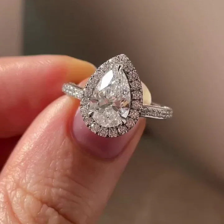 3.00 CT pear lab grown diamond engagement ring with halo pavé design IGI certified bridal wedding ring luxury solitaire style for women gift for her