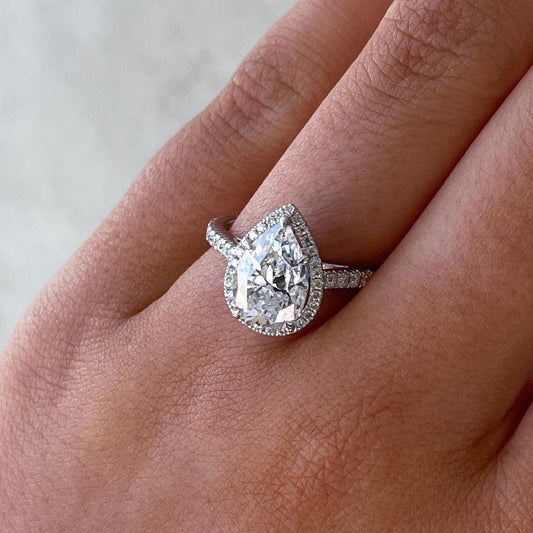 3.50 TCW pear lab grown diamond engagement ring with halo pavé setting, IGI certified, luxury bridal jewelry, sustainable wedding ring design for women