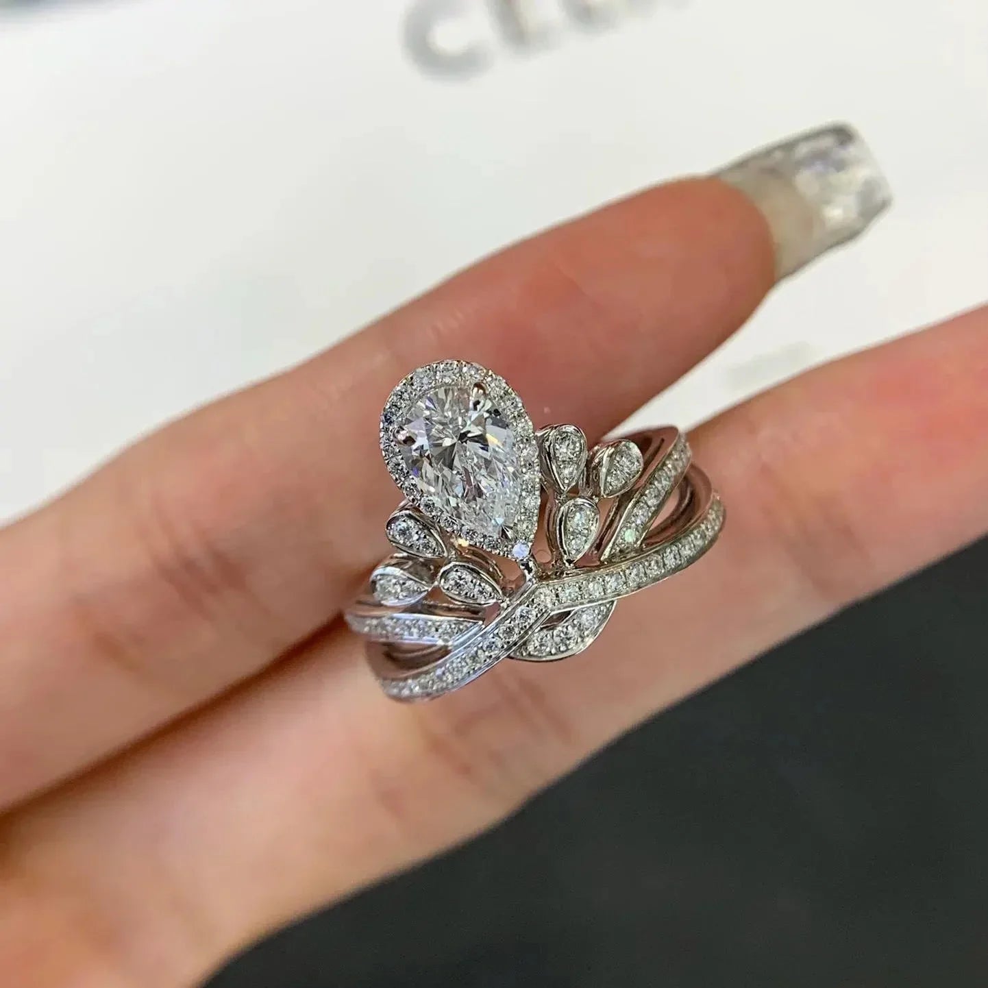 Pear 2.50 CT lab grown diamond engagement ring, IGI certified, halo side stones design, luxury bridal wedding jewelry statement ring