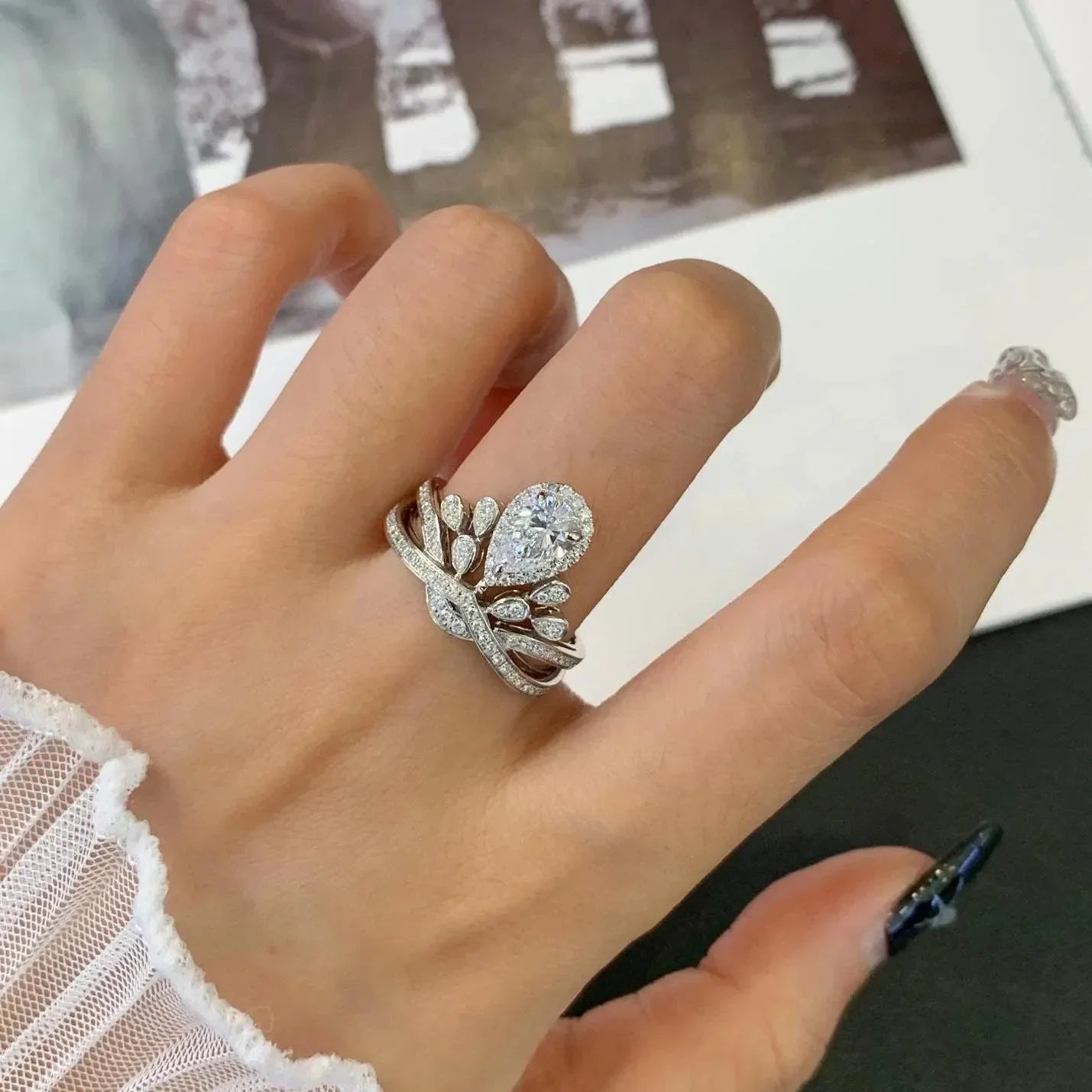2.50 CT pear lab grown diamond engagement ring, halo and side stones design, IGI certified, luxury bridal wedding diamond jewelry statement ring