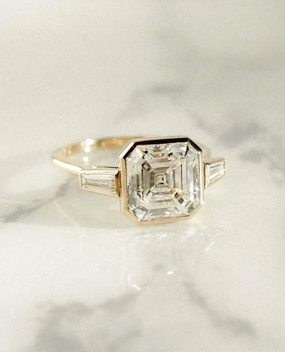 3.50ct Asscher lab grown diamond engagement ring IGI certified, full bezel side taper setting, luxury bridal jewelry, sustainable wedding ring women