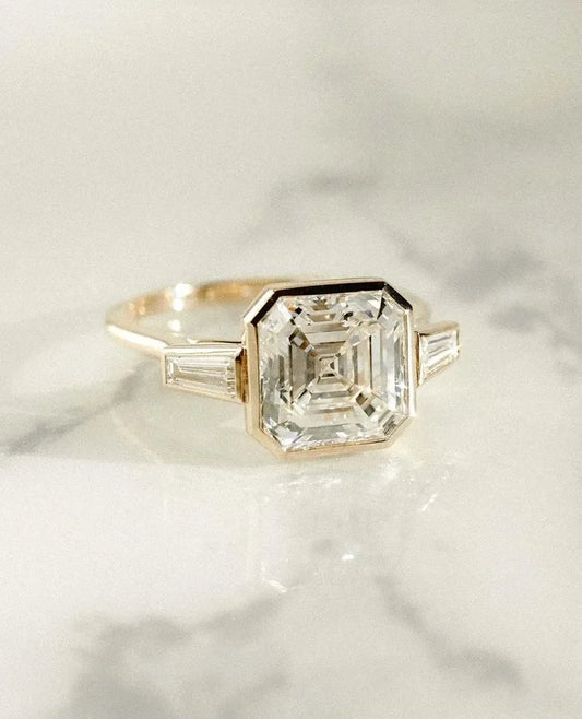3.50ct Asscher lab grown diamond engagement ring IGI certified, full bezel side taper setting, luxury bridal jewelry, sustainable wedding ring women
