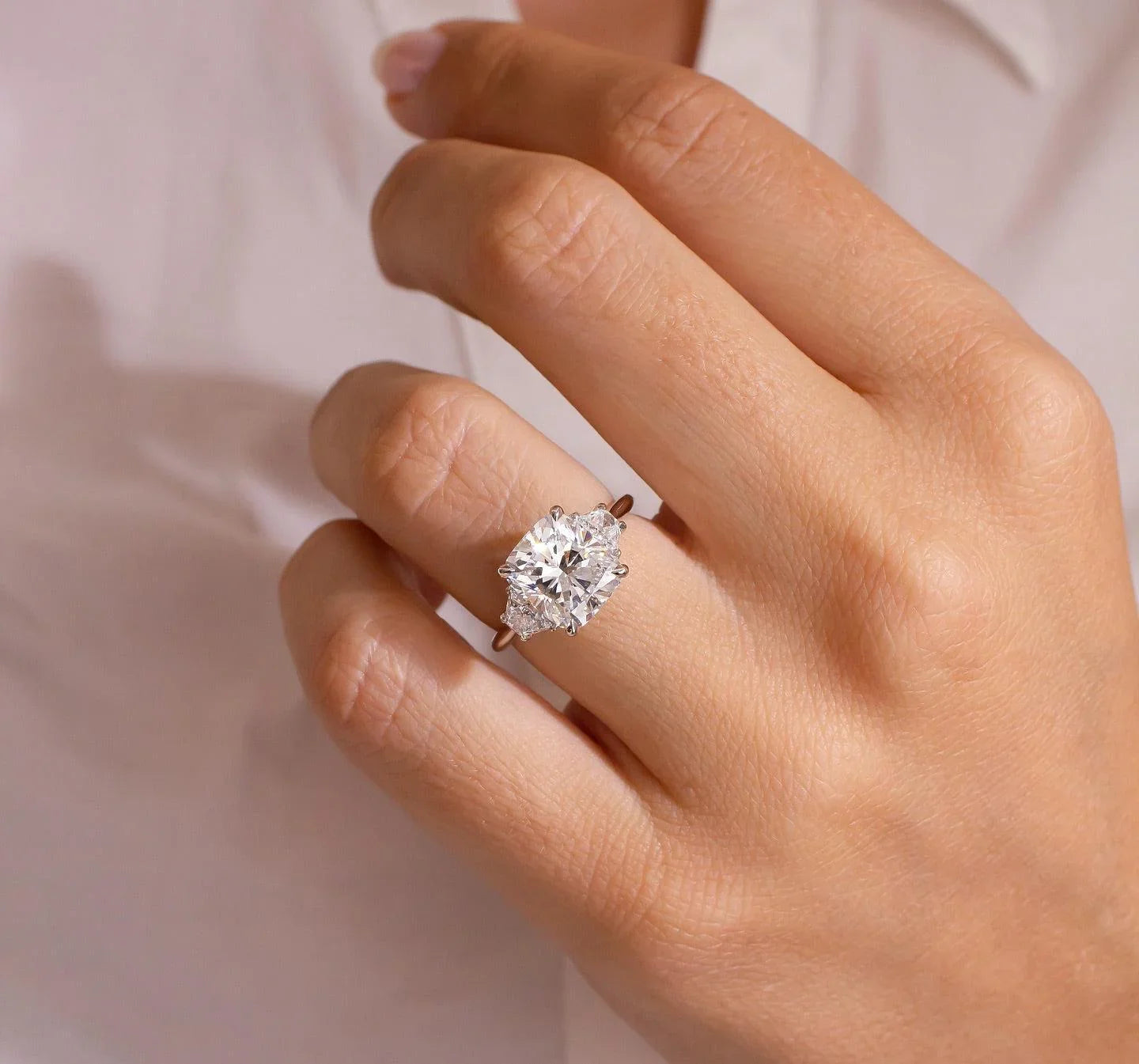 3.50ct cushion lab grown diamond engagement ring IGI certified trapezoid side stones wedding ring bridal luxury fine jewelry birthday gift for wife