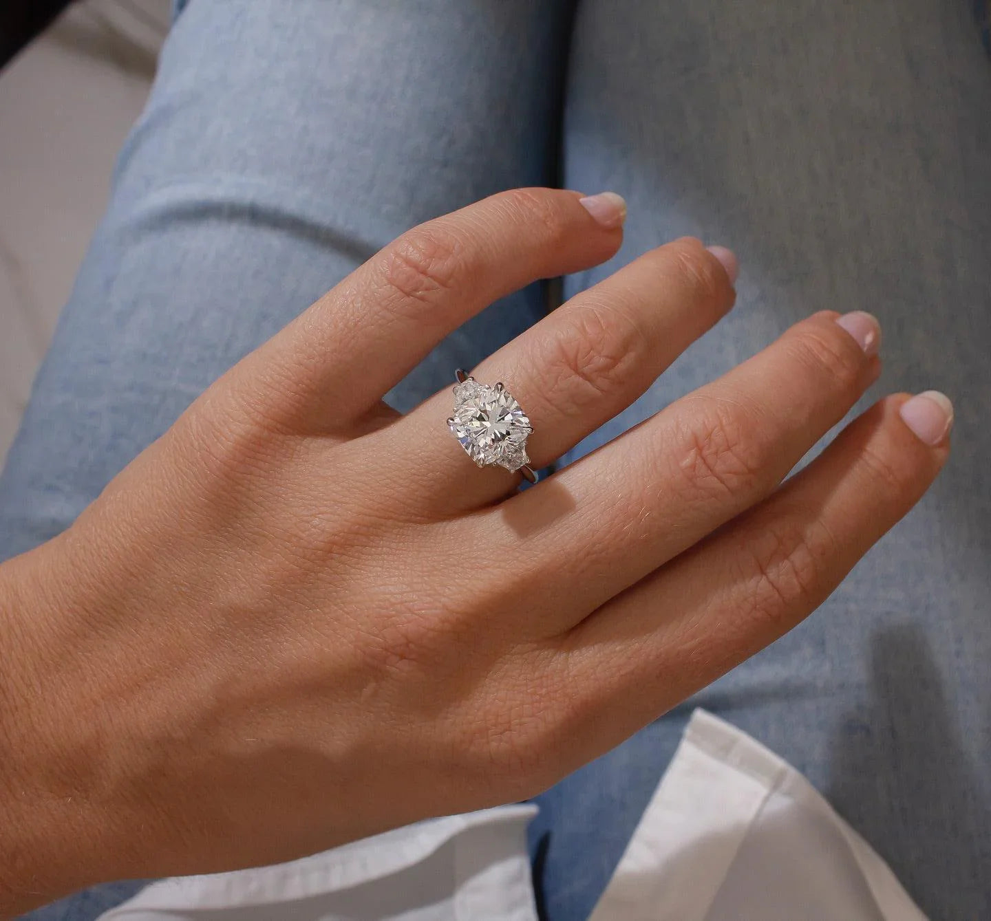 3.50ct cushion cut lab grown diamond ring IGI certified trapezoid side stones engagement wedding ring bridal jewelry luxury sustainable birthday gift for wife