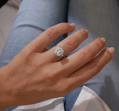 3.50ct cushion cut lab grown diamond ring IGI certified trapezoid side stones engagement wedding ring bridal jewelry luxury sustainable birthday gift for wife
