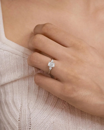 3.50ct emerald cut lab grown diamond ring three stone pear side stones engagement ring wedding ring bridal luxury jewelry gift for her wife