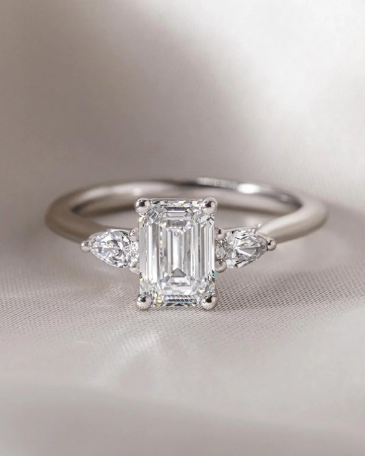 3.50ct emerald cut lab grown diamond ring with pear side stones three stone engagement ring bridal wedding gift luxury marriage jewelry for women