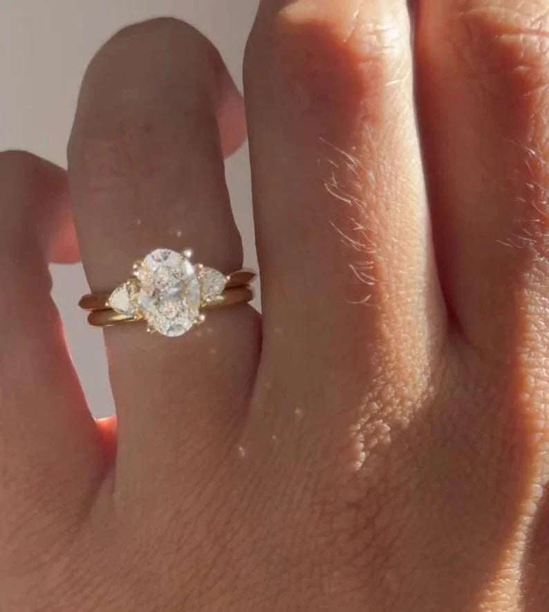 3.50ct Oval Cut Lab Grown Diamond Ring with Two Side Trillion Stone Engagement Ring and wedding Ring and Birthday Gift For Her/ Wife 