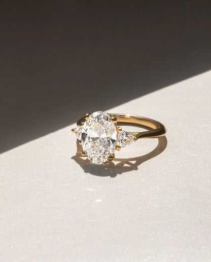 3.50ct oval cut lab grown diamond ring with two trillion side stones engagement wedding ring luxury bridal jewelry birthday gift for her wife
