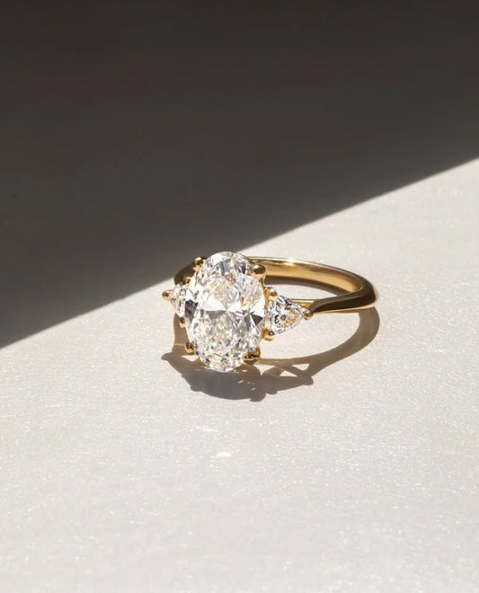 3.50ct oval cut lab grown diamond ring with two trillion side stones engagement wedding ring luxury bridal jewelry birthday gift for her wife
