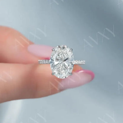 3.50ct oval lab grown diamond solitaire ring with pavé band IGI certified engagement wedding ring luxury bridal jewelry anniversary gift for mother