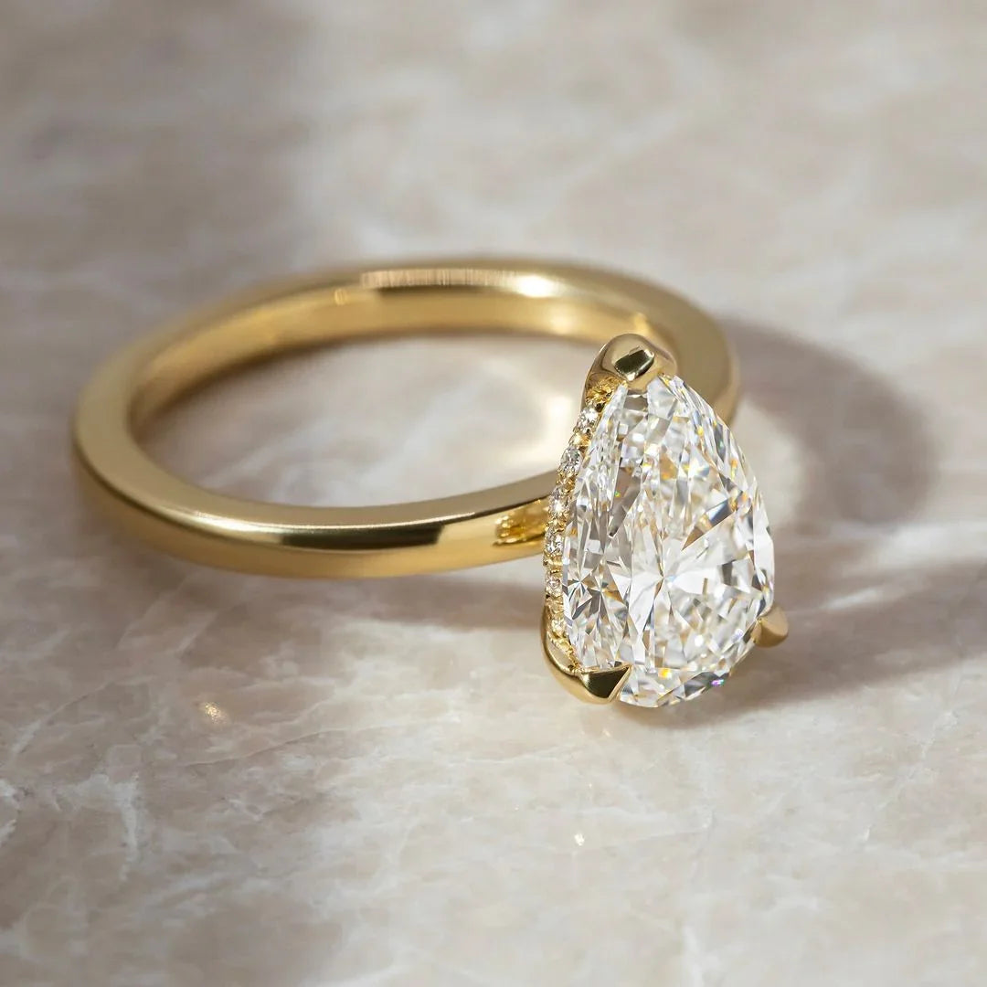 3.50ct Pear Cut Solitaire Hidden Halo Lab Grown Diamond With three Claw Engagement Ring and wedding Ring and Birthday Gift For Her/ Wife 