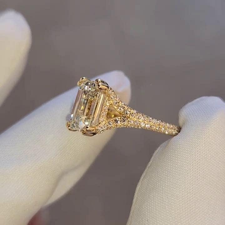 3.50 TCW emerald cut lab grown diamond ring IGI certified pavé split band double prong engagement ring luxury wedding bridal jewelry for women