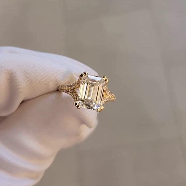 3.50 TCW emerald lab grown diamond engagement ring IGI certified pavé split band double prong setting luxury bridal wedding ring sustainable jewelry