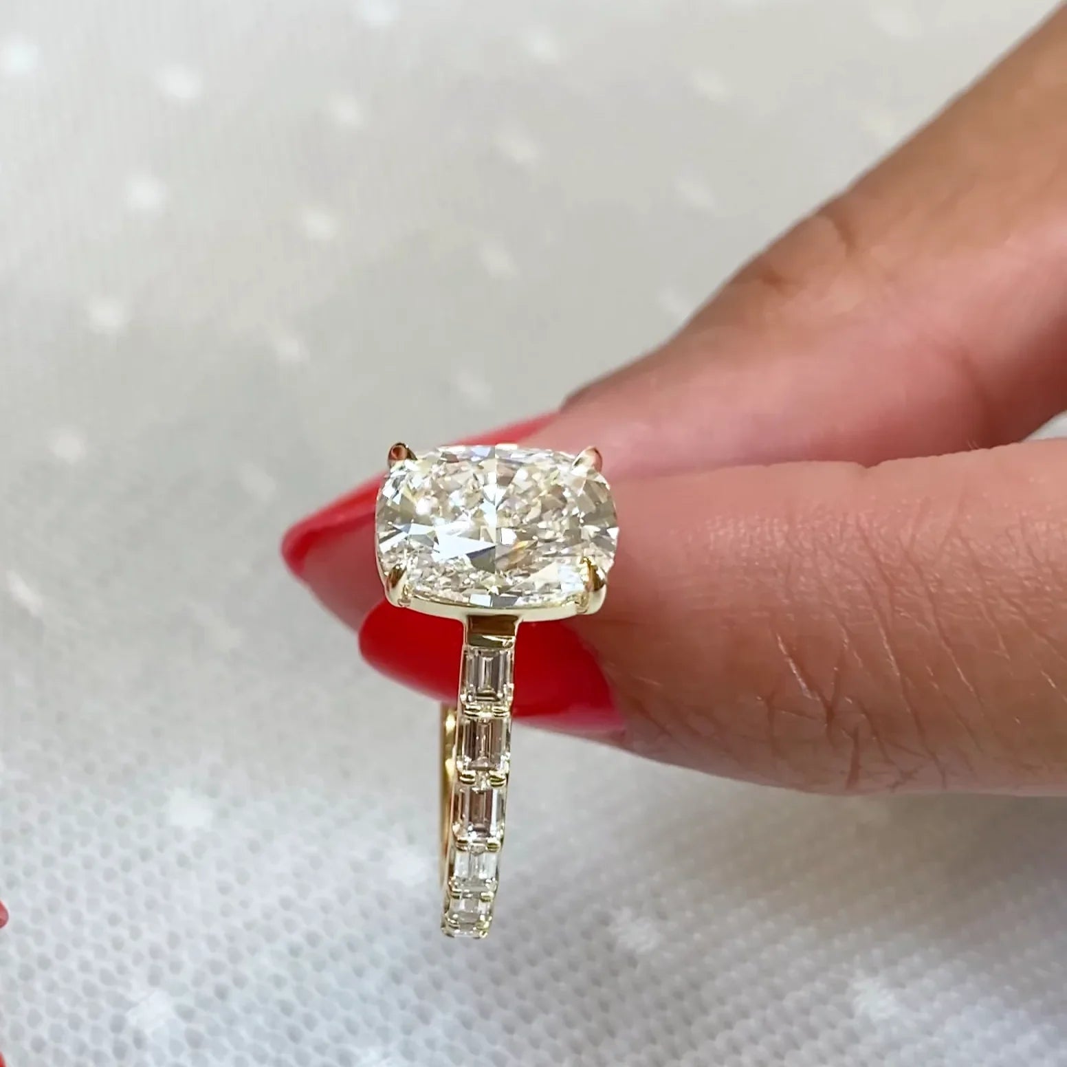 3.60 TCW cushion lab grown diamond engagement ring baguette pavé diamond ring yellow gold ring IGI certified bridal engagement ring wedding ring luxury cushion diamond ring