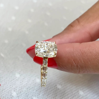3.60 TCW cushion lab grown diamond engagement ring baguette pavé diamond ring yellow gold ring IGI certified bridal engagement ring wedding ring luxury cushion diamond ring