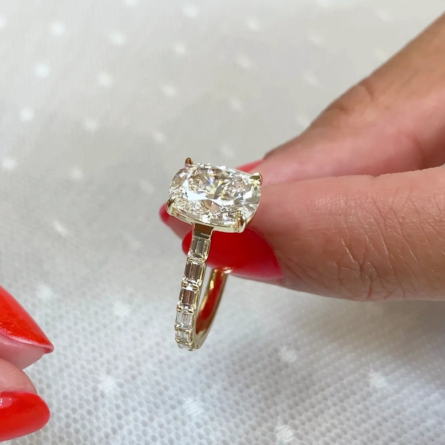 3.60 TCW cushion cut lab grown diamond engagement ring baguette pavé yellow gold IGI certified bridal ring wedding ring luxury jewelry anniversary ring