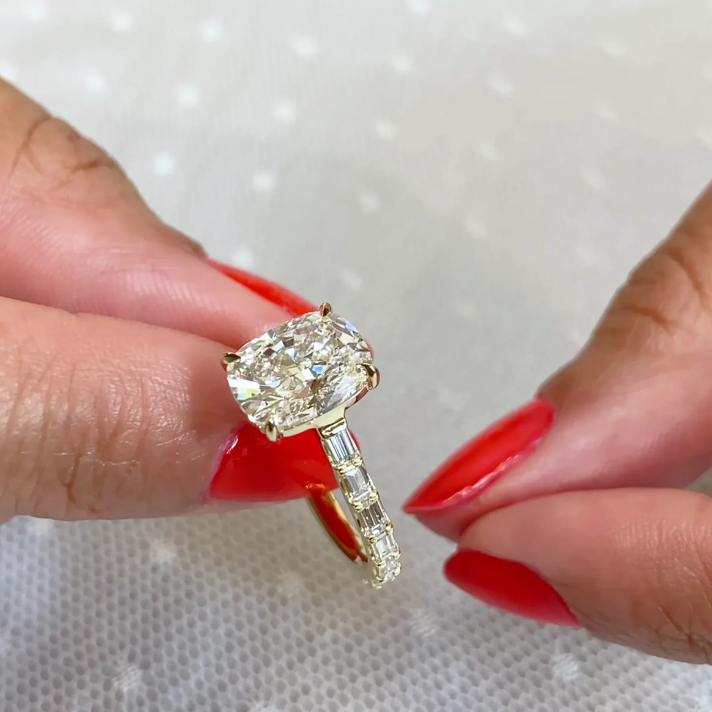 3.60 TCW Cushion Lab Grown Diamond Engagement Ring | Baguette Pavé Ring | Yellow Gold | IGI Certified 