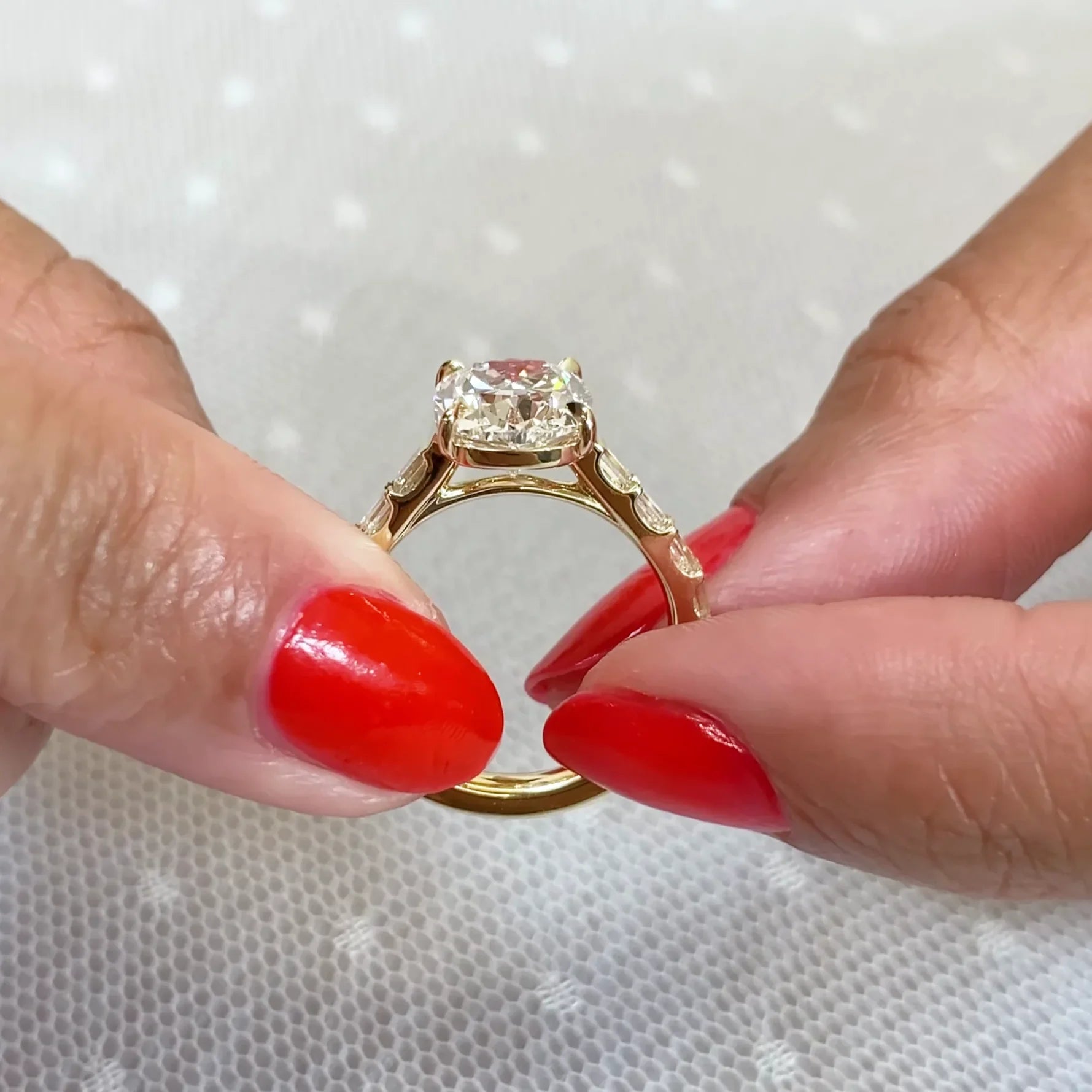 3.60 TCW Cushion Lab Grown Diamond Engagement Ring | Baguette Pavé Ring | Yellow Gold | IGI Certified 