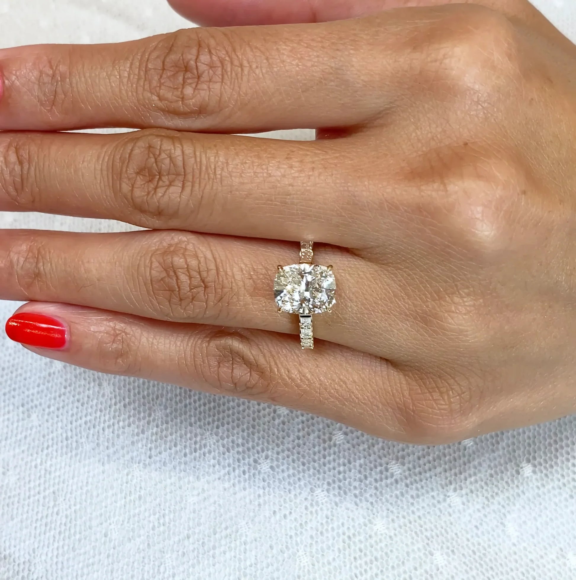 3.60 TCW Cushion Lab Grown Diamond Engagement Ring | Baguette Pavé Ring | Yellow Gold | IGI Certified 