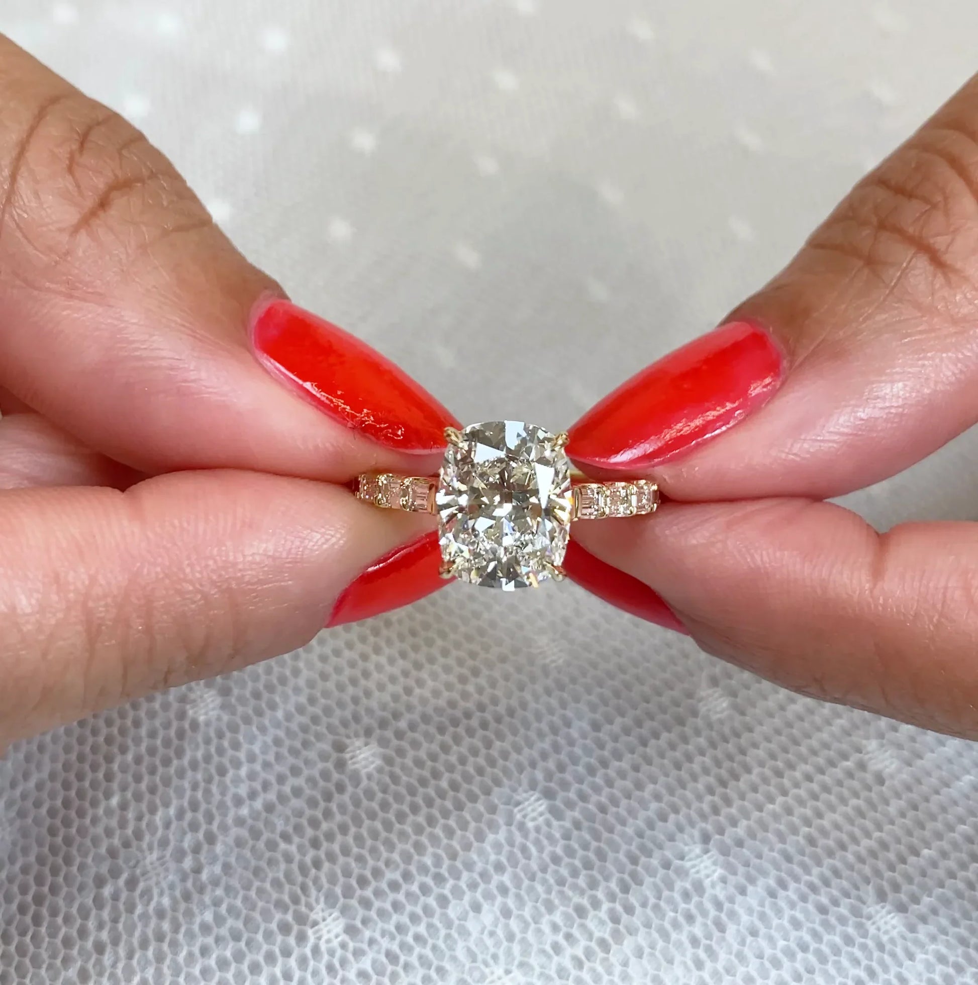 3.60 TCW cushion lab grown diamond engagement ring baguette pavé yellow gold IGI certified bridal ring wedding ring luxury diamond ring anniversary gift ring