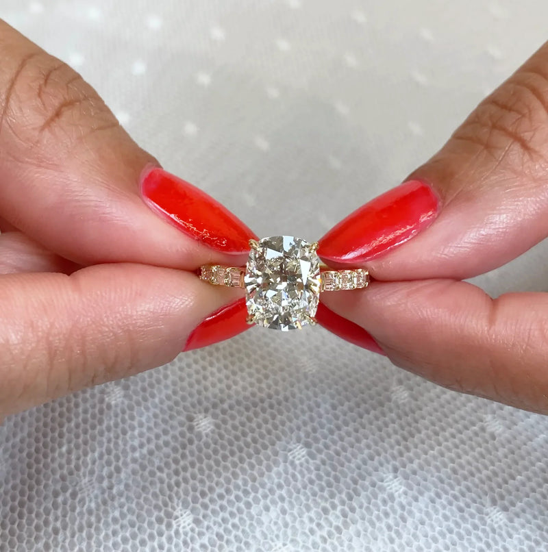3.50 CT Cushion Lab Grown Diamond Engagement Ring | Baguette Pavé Ring | Yellow Gold | IGI Certified
