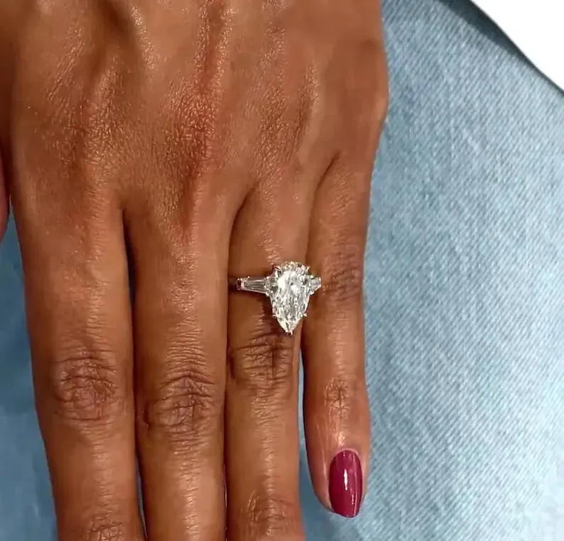 3.60 TCW pear lab grown diamond engagement ring baguette side stone IGI certified bridal wedding ring luxury fine jewelry anniversary engagement ring