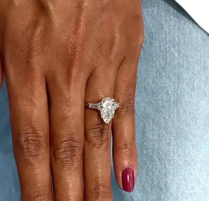 3.60 TCW pear lab grown diamond engagement ring baguette side stone IGI certified bridal wedding ring luxury fine jewelry anniversary engagement ring