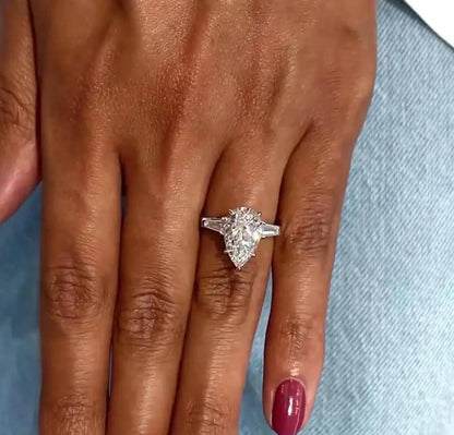 3.00 CT pear lab grown diamond engagement ring baguette side stones IGI certified bridal wedding ring luxury fine jewelry engagement gift ring