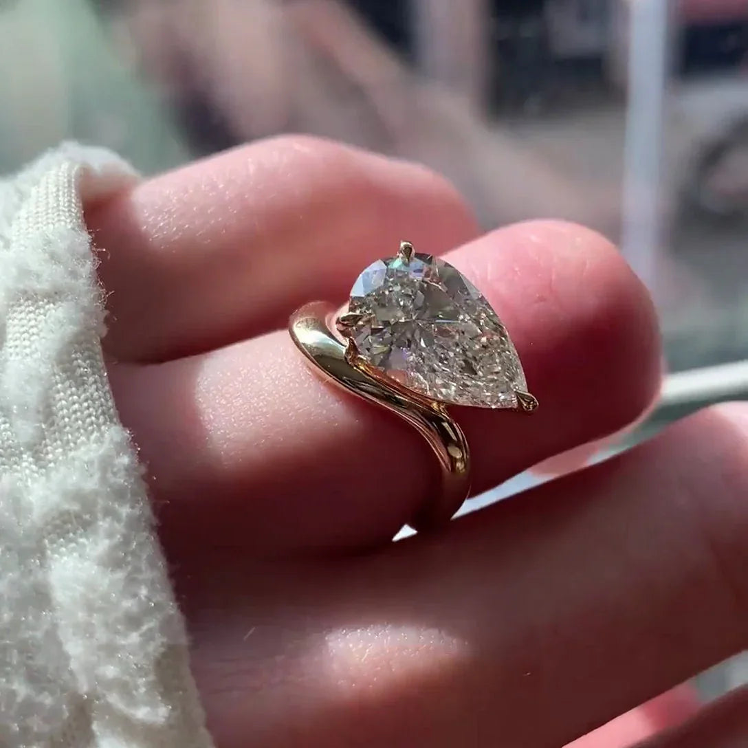 3.70 CT Pear Lab Grown Diamond Engagement Ring | Wave Style Band | IGI Certified 